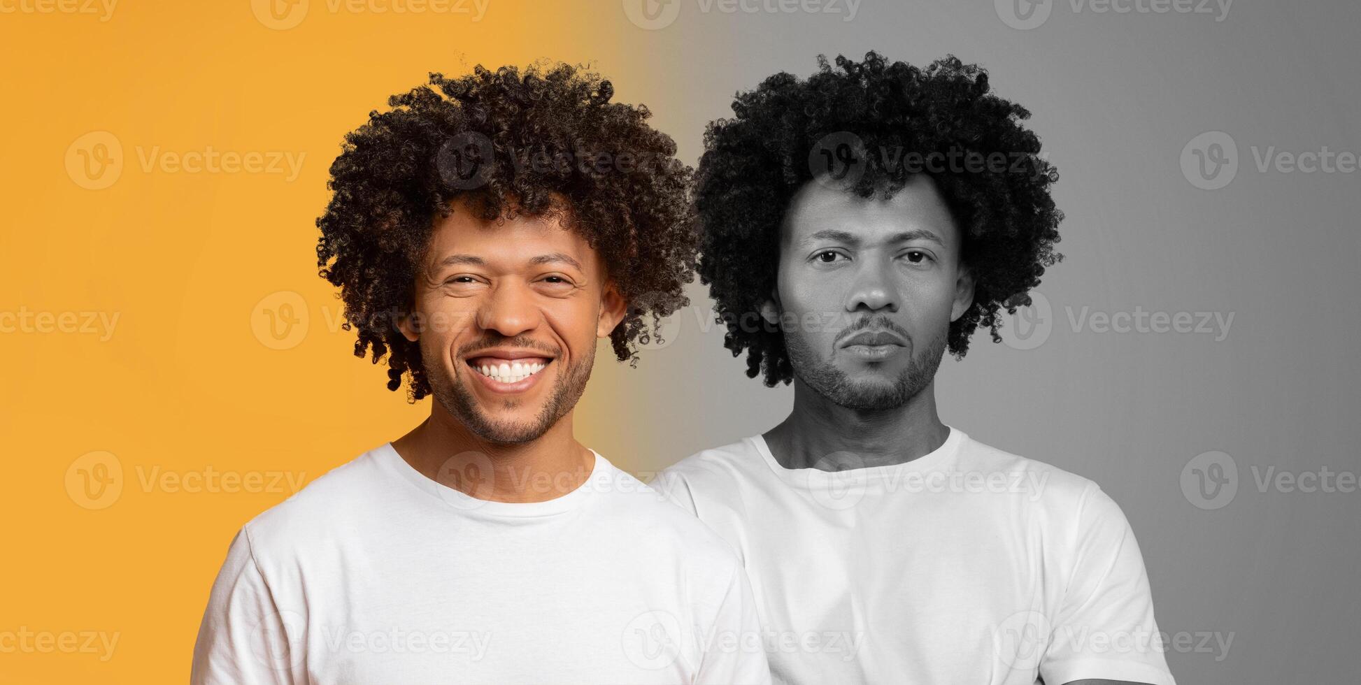 Black man smiling brightly while wearing a white shirt. He stands confidently against a vibrant yellow backdrop, showcasing a striking contrast with a monochrome version of himself. photo