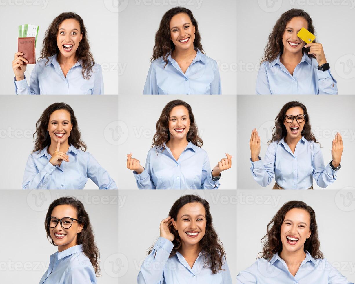 A cheerful woman appears in a studio, displaying various emotions while holding different items. She radiates excitement and happiness, showcasing her personality in different poses and expressions photo