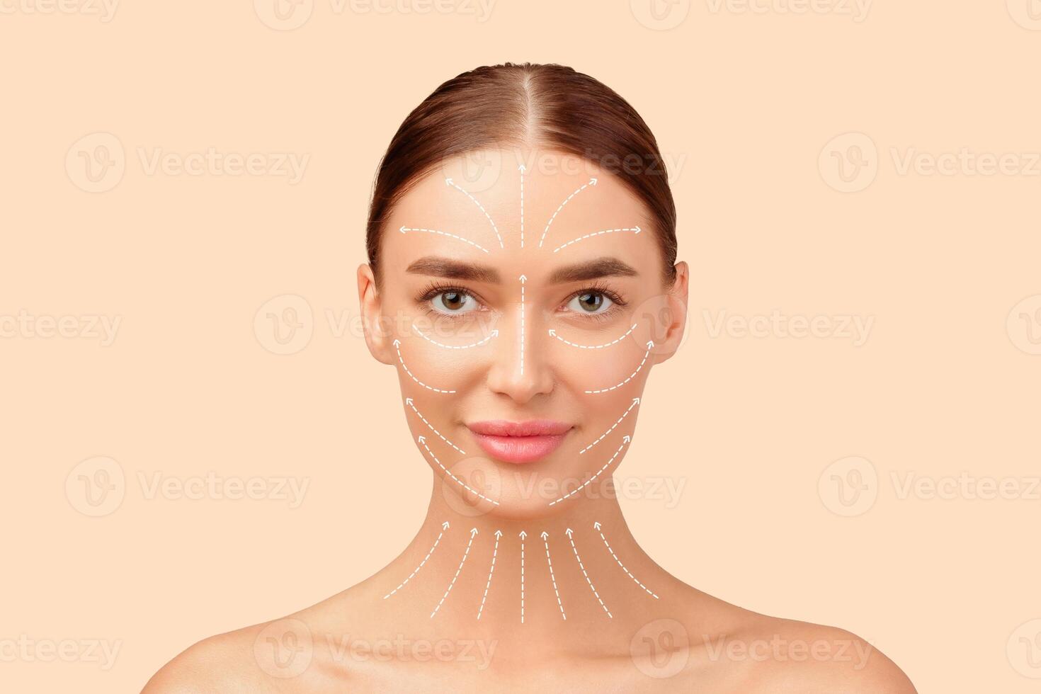 Antiaging Cosmetic Enhancement. Portrait Of Attractive Lady With Lifting Arrows On Face And Neck On White Studio Background, Symbolizing Rejuvenation And Facial Beauty. Age DefyingTreatment Concept photo