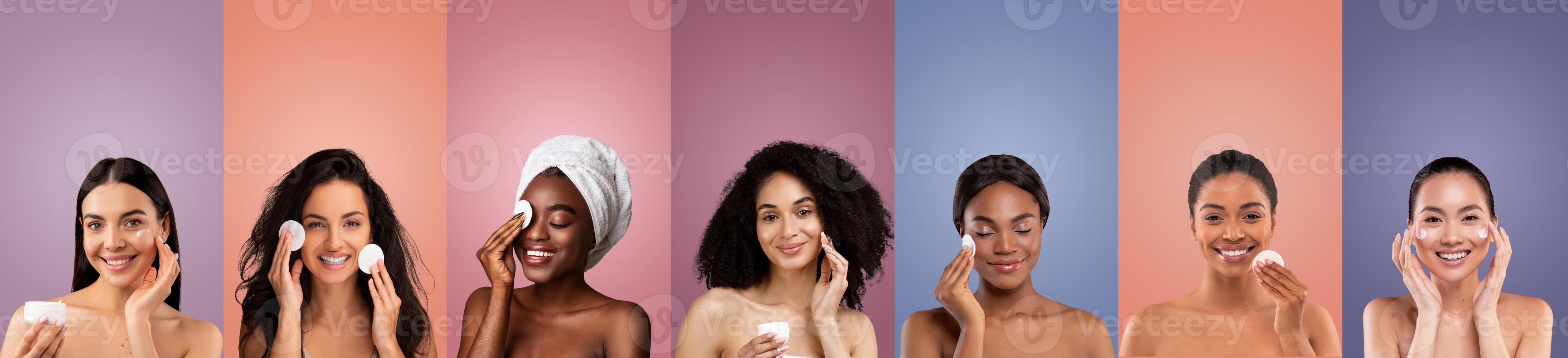 A group of diverse women are shown applying makeup with cotton pads. The women are positioned against different colored backgrounds, creating a vibrant and eye-catching visual. photo