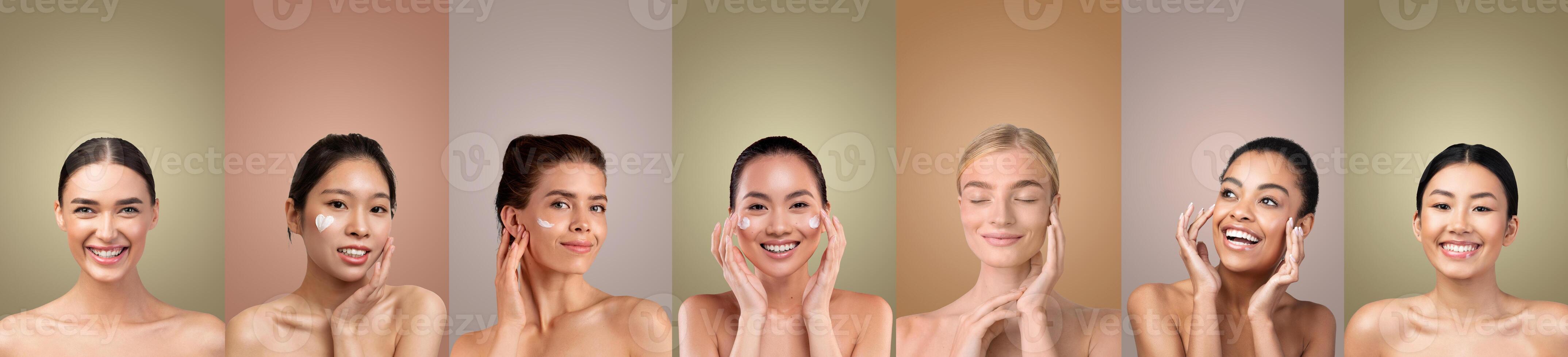 Seven women with varying skin tones stand in a studio setting, each applying facial skincare products to their faces. They are all smiling and appear happy with the products. photo