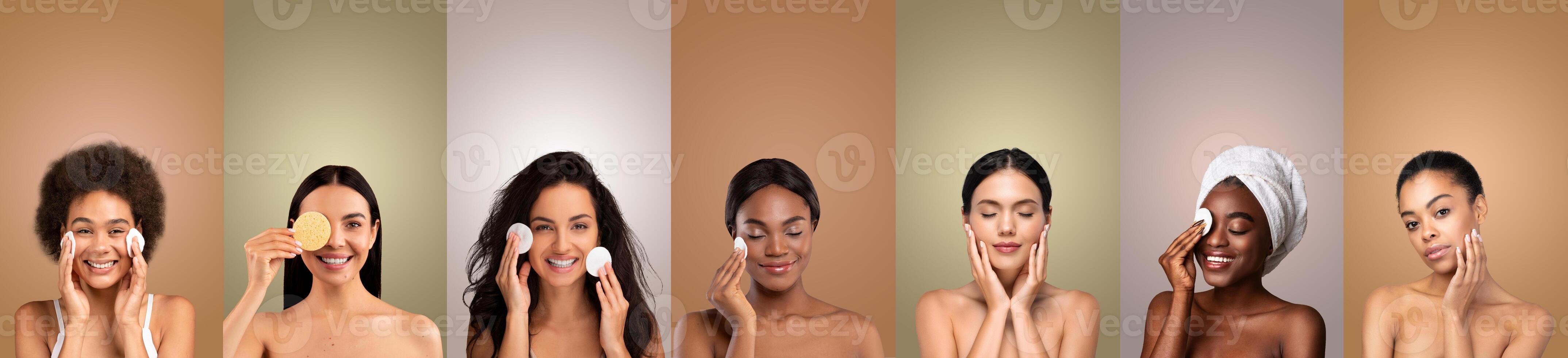 A collage of six images featuring diverse women applying makeup to their faces using cotton pads and sponges. The images highlight the different stages of applying makeup photo