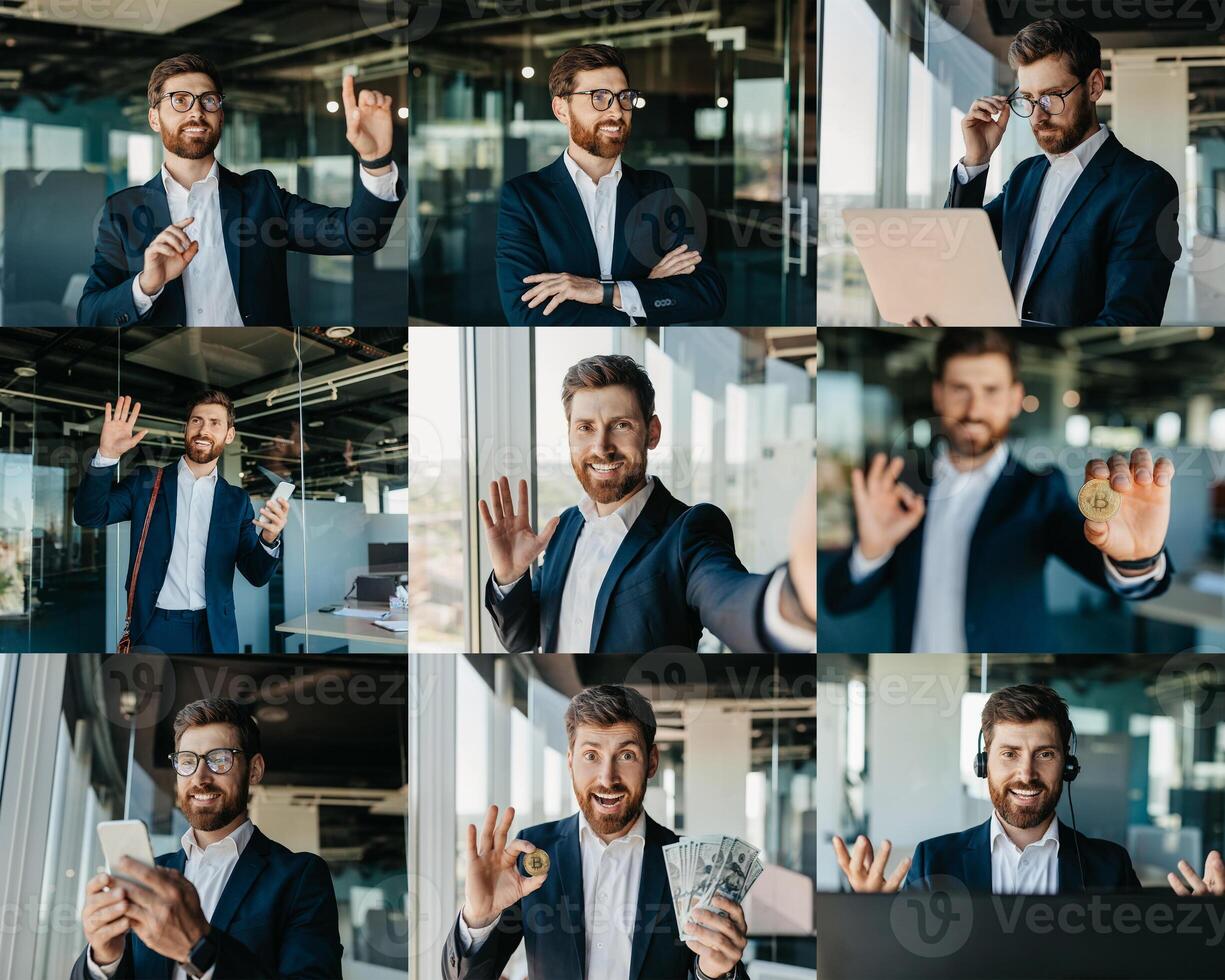 A well-dressed business professional actively participates in different work tasks within a modern office. He is seen using a laptop, making phone calls, and demonstrating enthusiasm photo