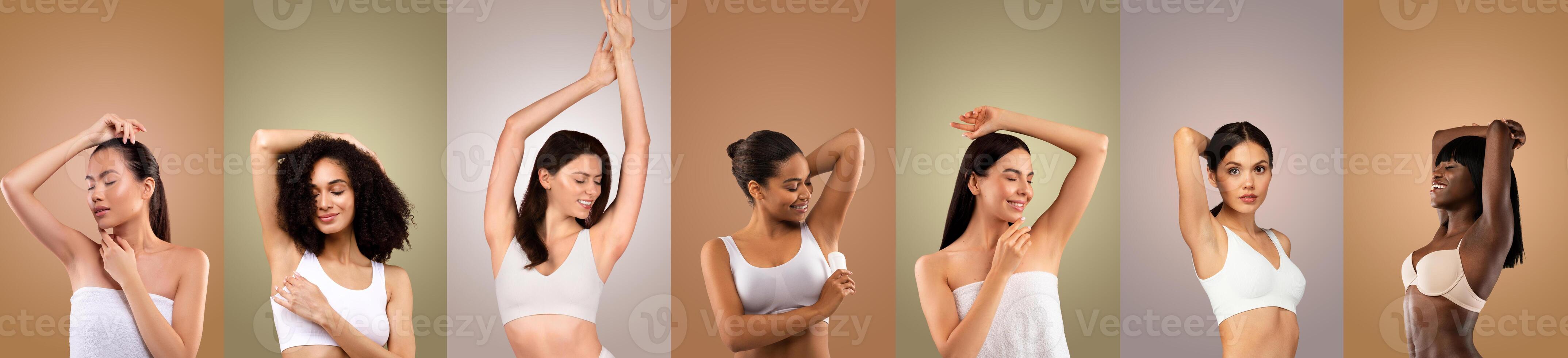 This image features seven multiethnic women with smooth underarms. They are all wearing white tops and are shown against different colored backgrounds. The women appear to be happy and confident. photo