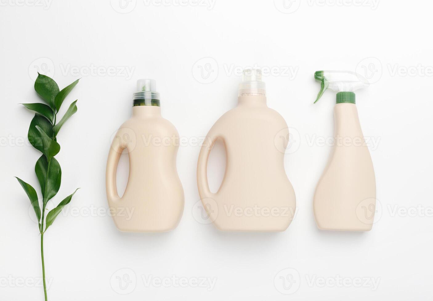 Set of bottles with mockup packaging, cleaning detergent on white background. Cleaning tools, cleanliness photo