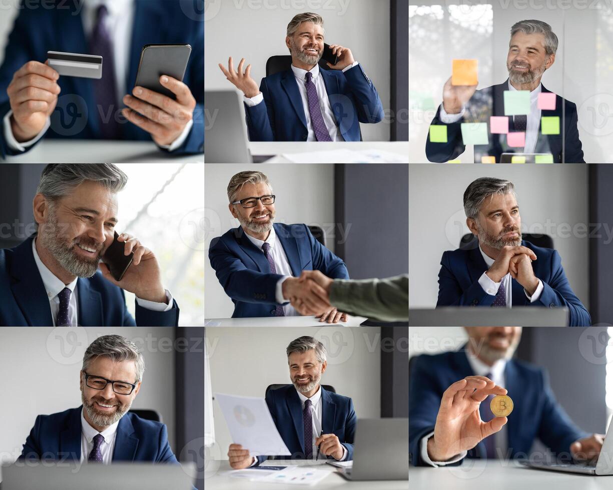 A businessman interacts with clients over the phone, handles financial transactions with a credit card, and showcases teamwork through greetings and collaborative efforts photo