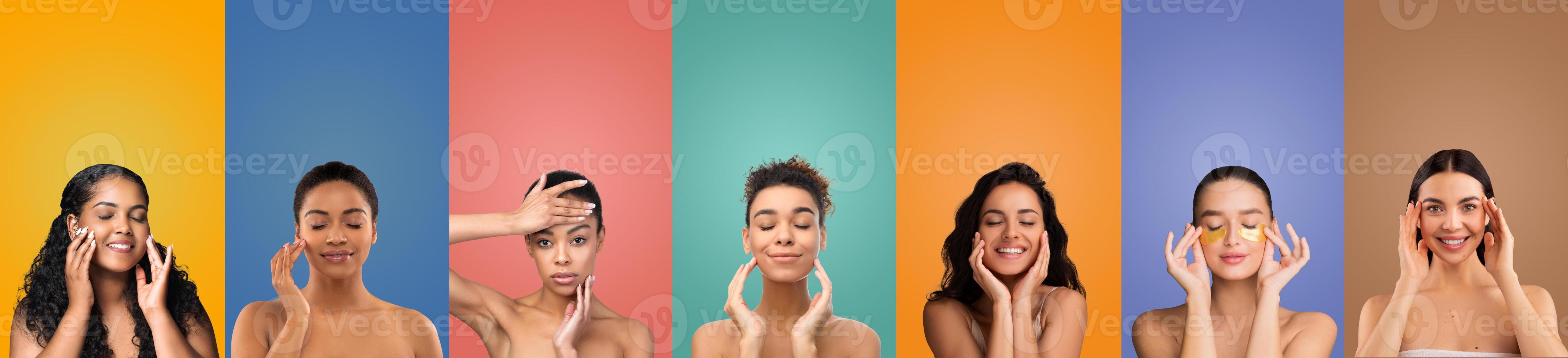 Seven women are applying golden eye patches to their skin, each in front of a different color background. They appear to be wearing no makeup and have a natural, glowing complexion. photo