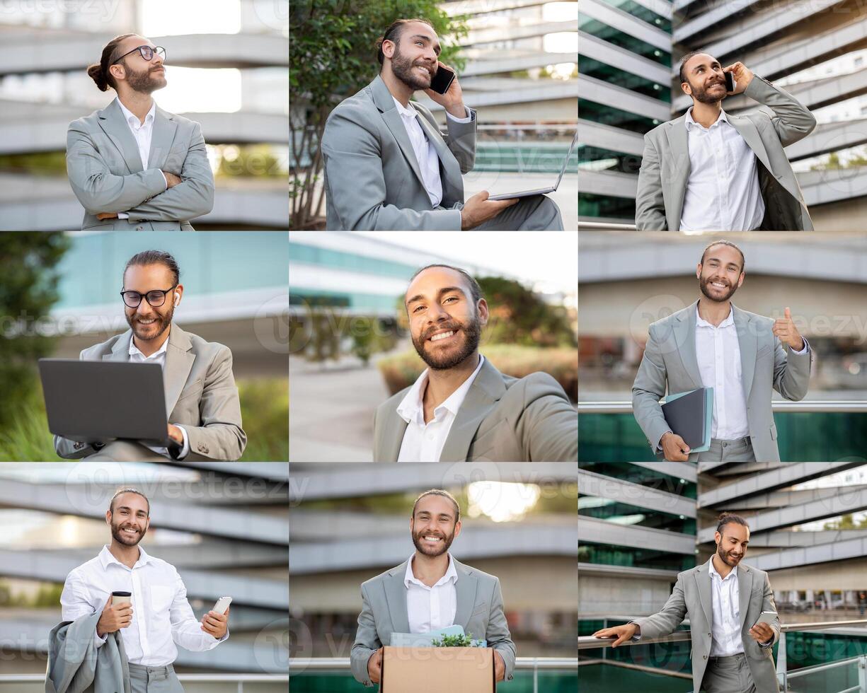 A man dressed in a formal business suit is actively engaged in multiple tasks outdoors. He is seen on his phone, working on a laptop, holding a notebook, and smiling while carrying a box. photo