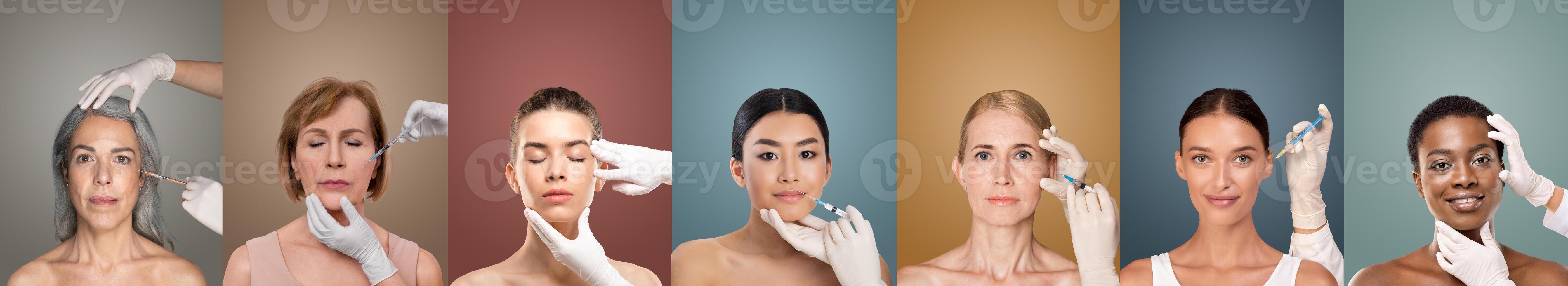 A row of seven diverse women are shown receiving facial injections in a clinical setting. The women are all looking directly at the camera, and the focus is on their faces photo