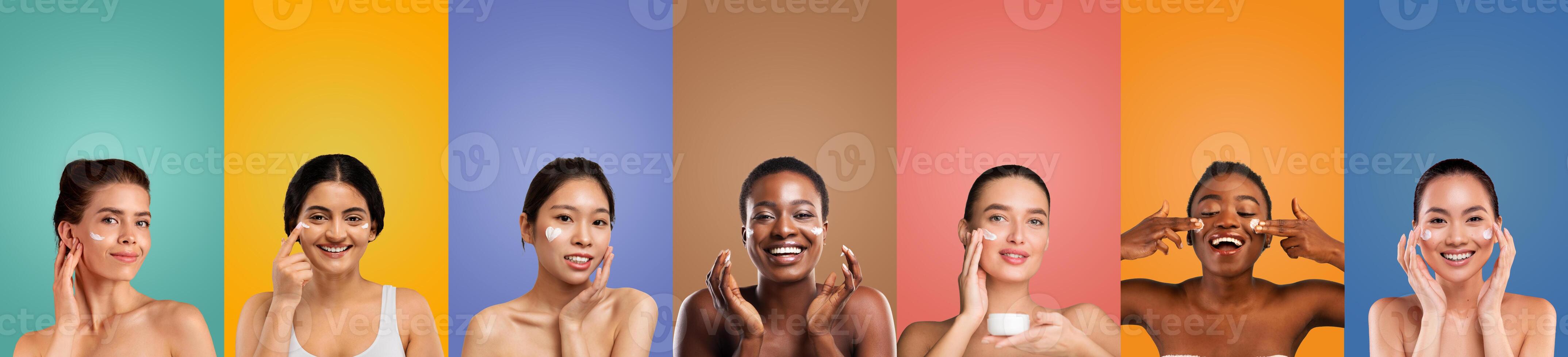Eight women with diverse skin tones are standing in front of colorful backgrounds, smiling and applying moisturizer to their faces. They are all wearing simple clothing photo