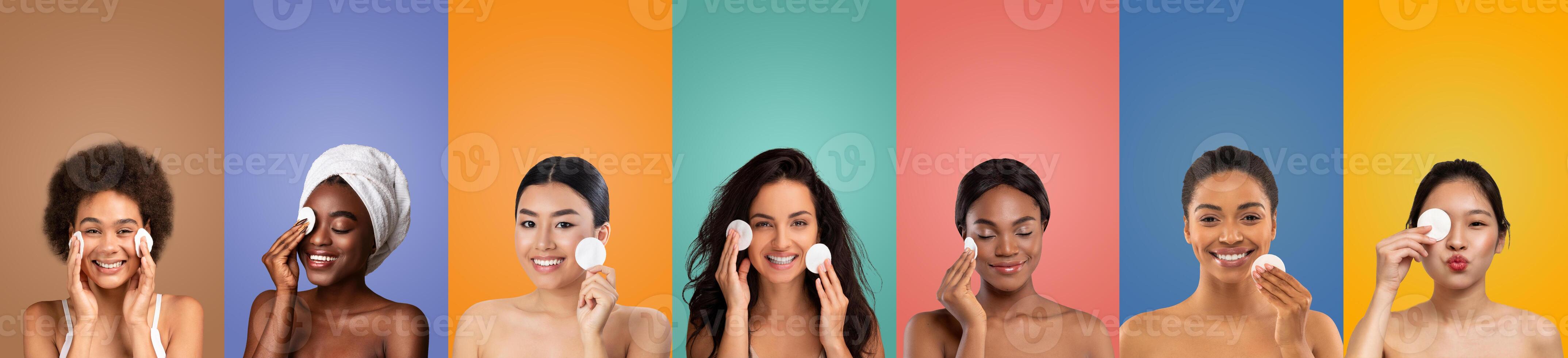A group of seven diverse women are shown on a colorful background, each applying makeup remover pads to their faces. They are all smiling and seem happy and confident. photo