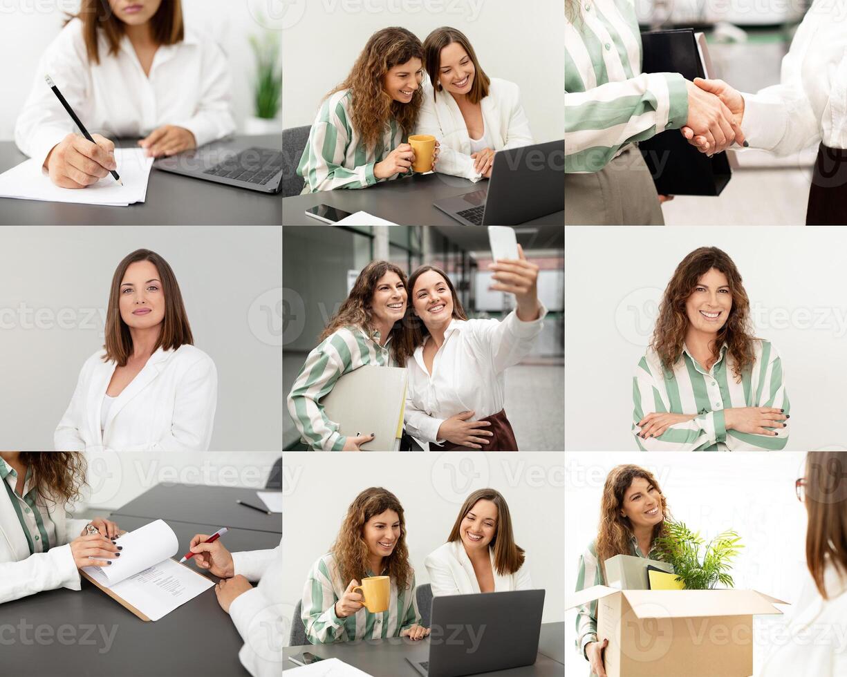 A group of professional women engage in various collaborative activities within a modern office environment. They are seen brainstorming, discussing, and exchanging ideas. photo