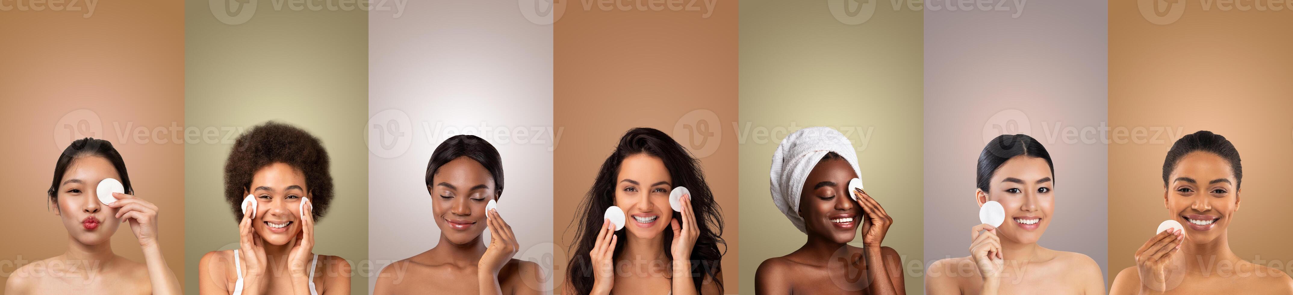 A group of women with varying skin tones are shown cleansing their faces with cotton rounds. They are all smiling and appear to be enjoying the process. The background consists of solid color panels. photo