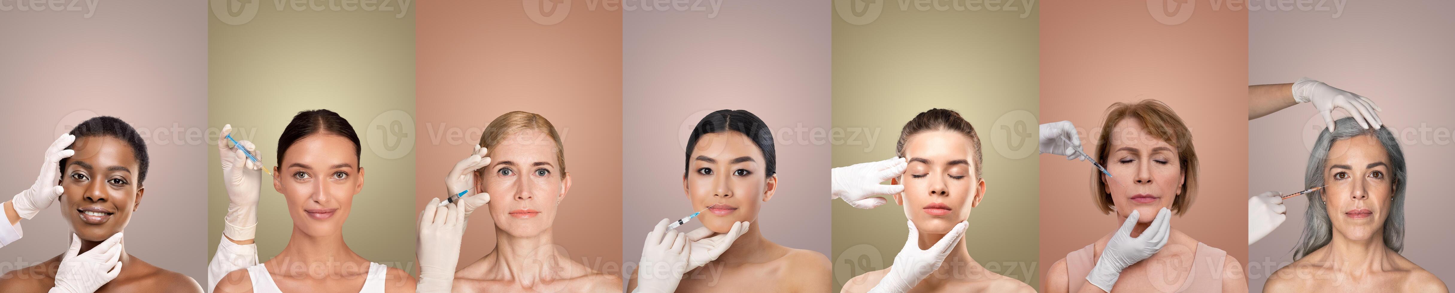 A series of close-up images featuring women of various ages receiving facial injections from medical professionals wearing white gloves. The women are positioned against different colored backgrounds. photo