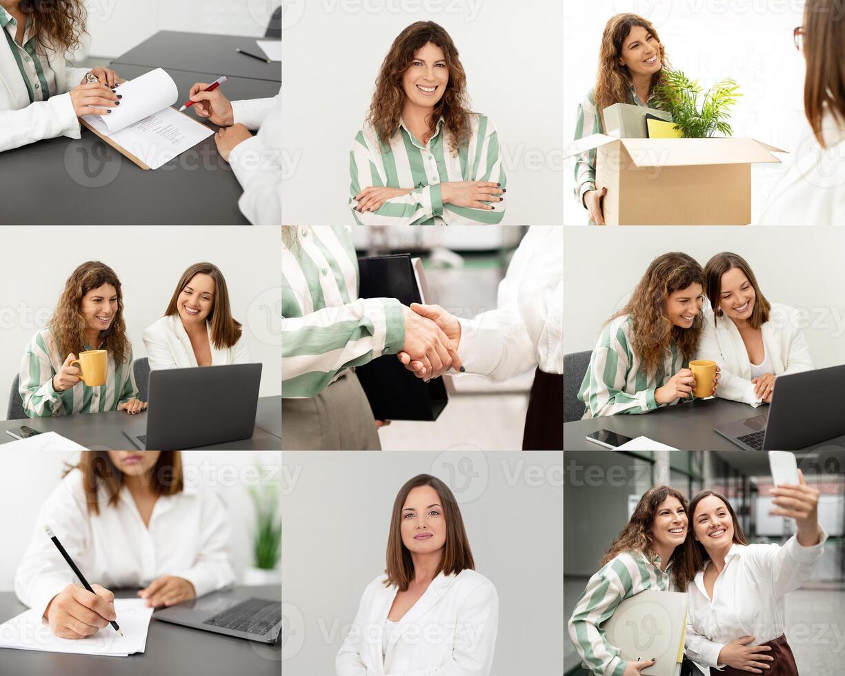 A lively office environment showcases various professional activities, including teamwork discussions, personal interactions, and individual focus. Employees are seen collaborating on projects photo