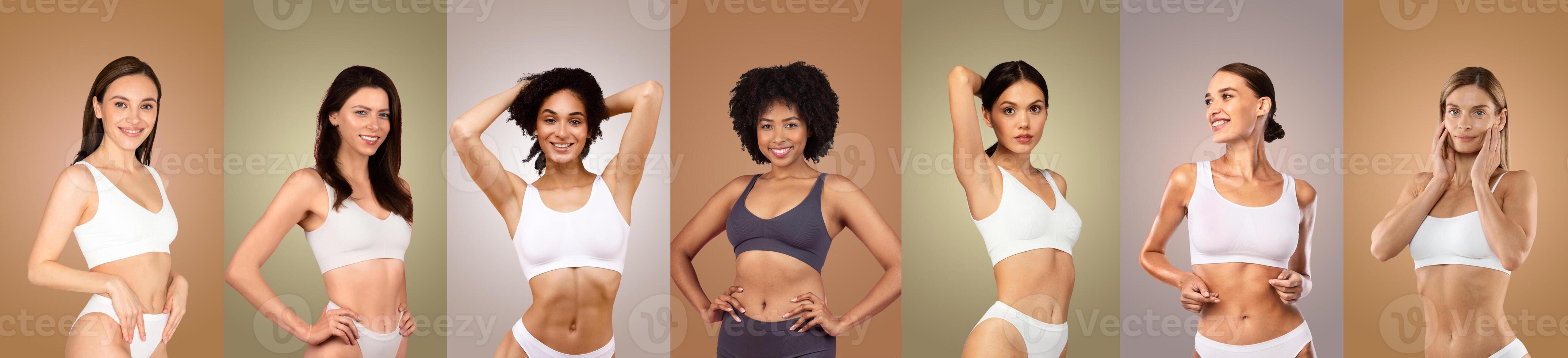 Seven women with diverse skin tones and body types are shown in a studio photo shoot. Each woman is wearing white bra and underwear, they are posing confidently against different colored backdrops