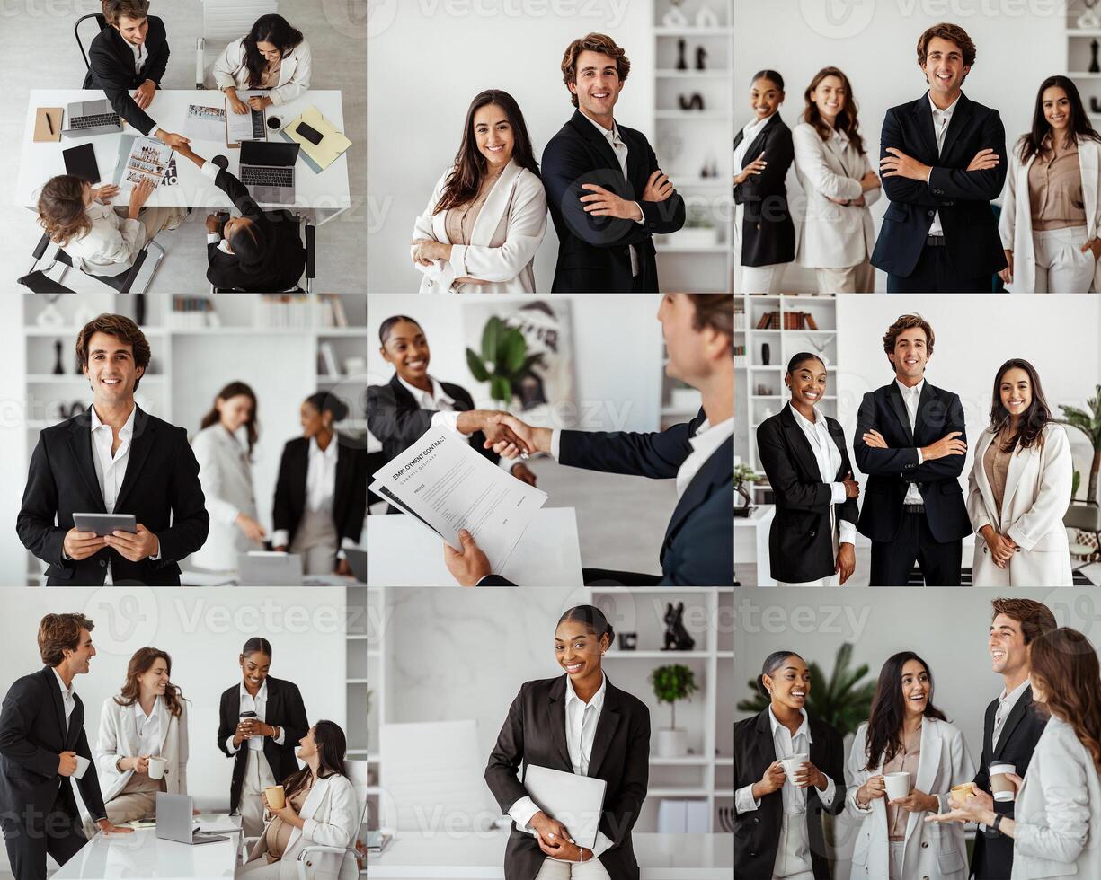 A diverse group of professionals is actively collaborating in a contemporary office space, sharing ideas and documents. They engage in discussions, planning strategies, and enhancing teamwork photo