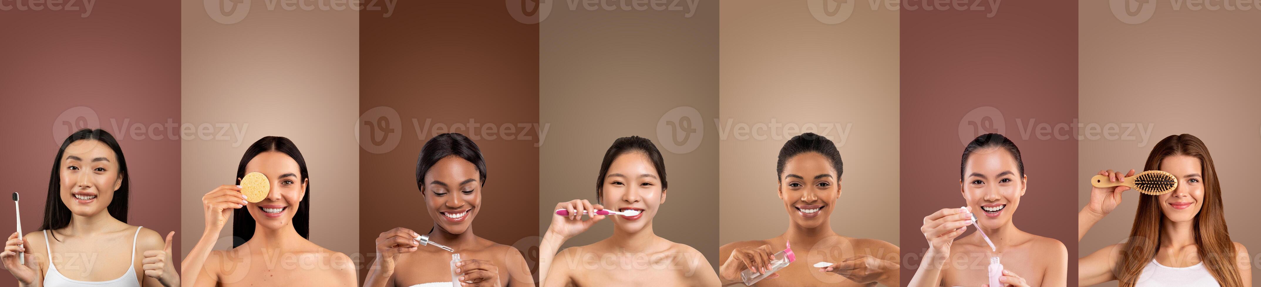 This image shows seven multiethnic women with bare shoulders and smiling faces. They are each holding different beauty products and engaging in various beauty practices photo