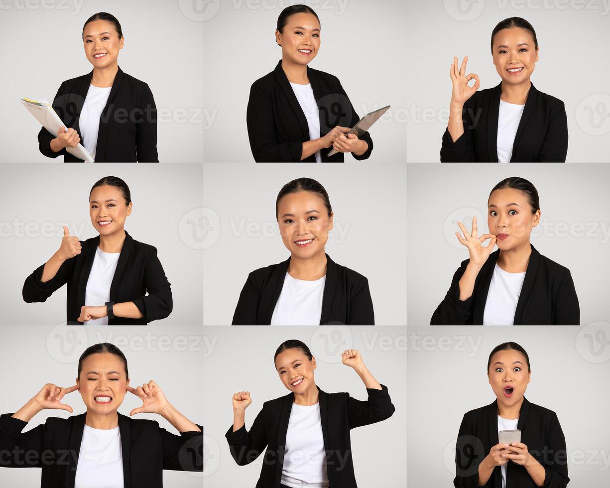 A professional Asian woman showcases various emotions through her facial expressions and hand gestures in a well-lit studio. She engages in playful and serious poses photo
