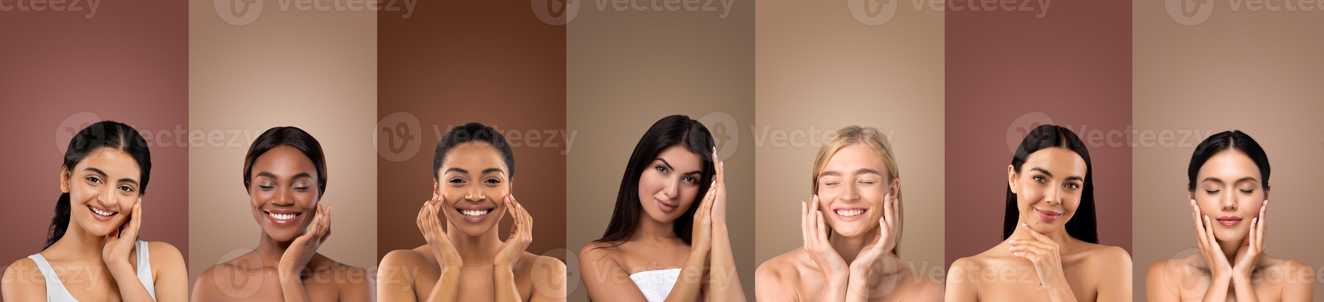 This image features seven multiethnic women posing against a neutral, light brown backdrop. Each woman is wearing minimal makeup, with her hands gently resting on her cheeks photo