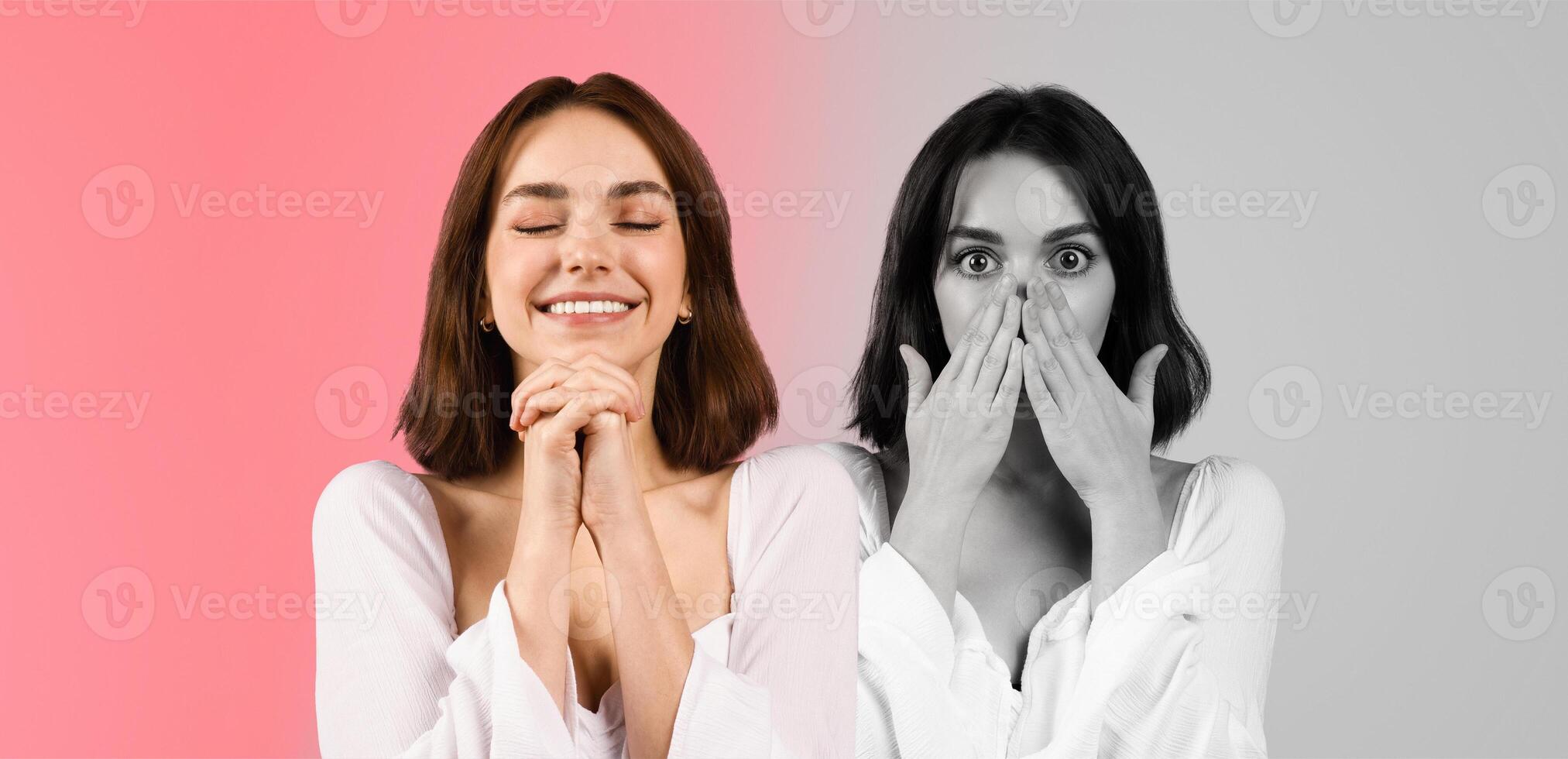A young woman displays contrasting emotions, smiling with her eyes closed on one side while covering her mouth in shock on the other side. photo