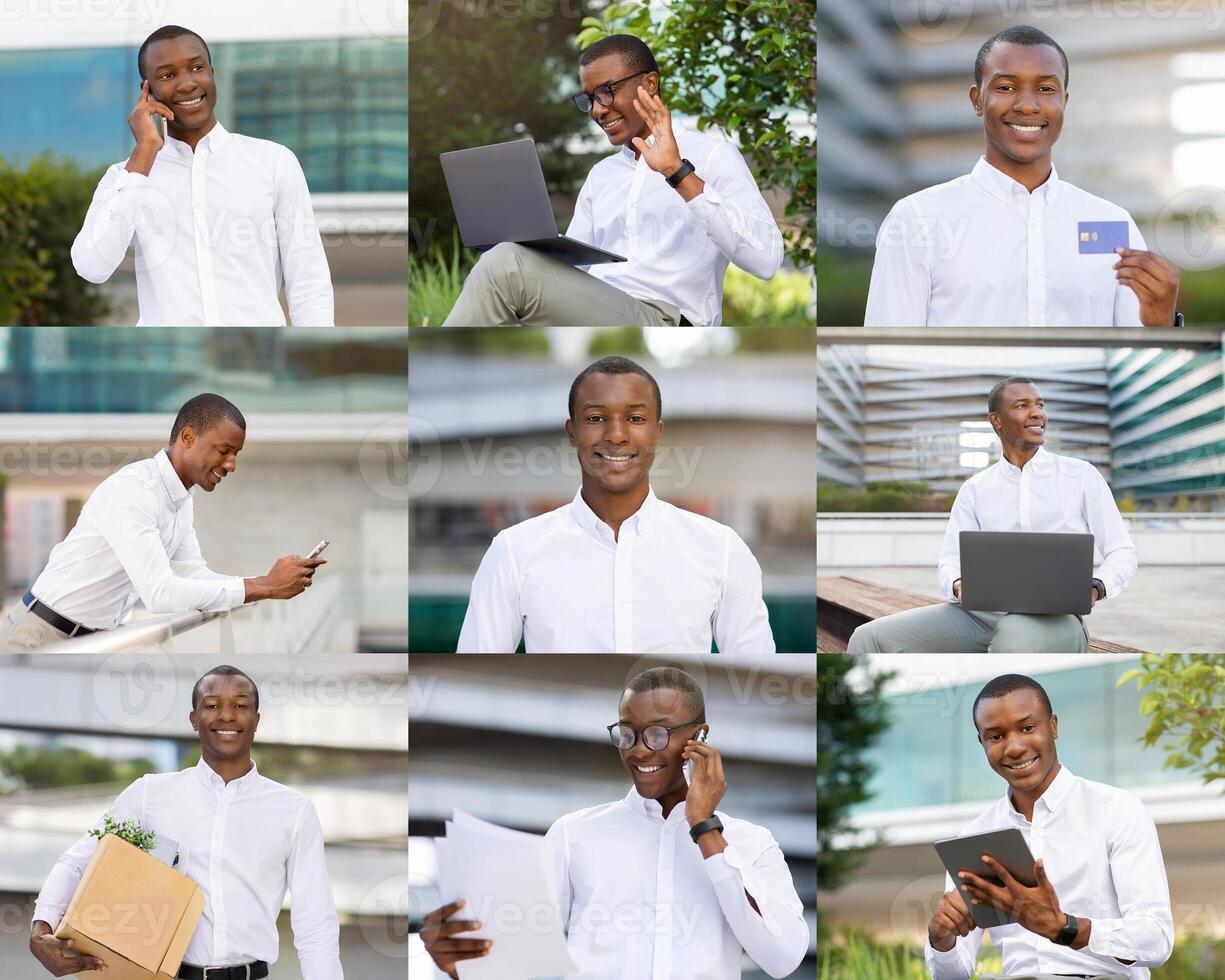 A young black guy professional is seen engaged in multiple activities outdoors. He appears cheerful while talking on the phone, using a laptop, and holding a card. photo