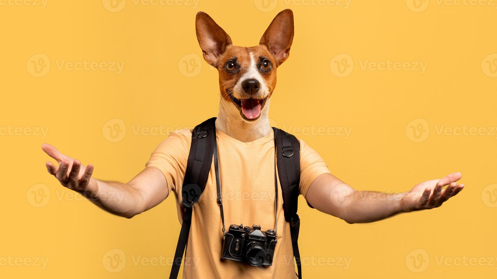 A happy dog wearing a backpack and holding a camera around its neck is standing in front of a yellow background, extending its arms out towards the viewer in a welcoming gesture. photo