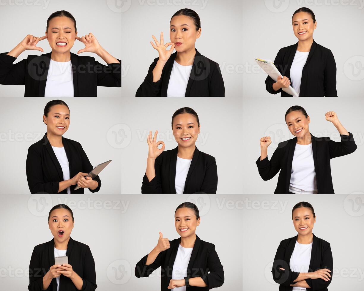 Asian businesswoman demonstrates a wide range of emotions through her facial expressions and hand gestures. She exhibits joy, surprise, and confidence in a professional indoor setting photo