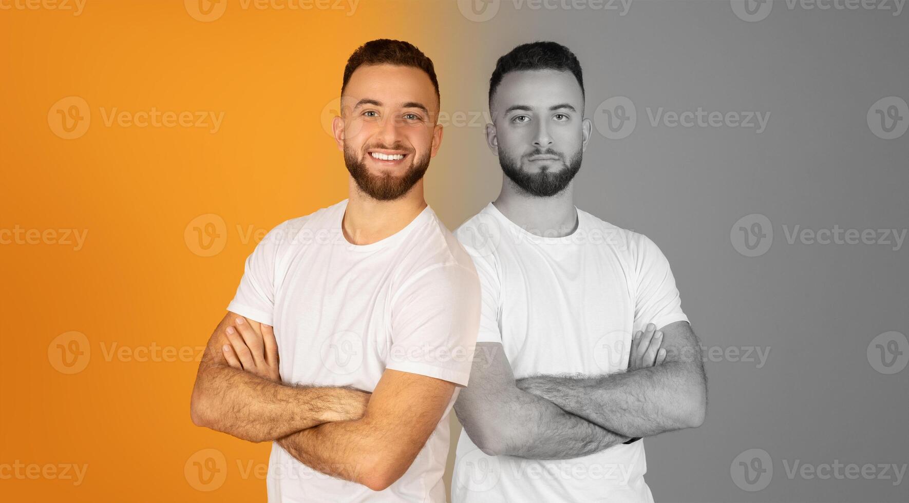 A young man stands confidently with arms crossed, showcasing bright smile on one side and serious expression in monochrome on the other. Contrasting backgrounds enhance the duality of his demeanor. photo