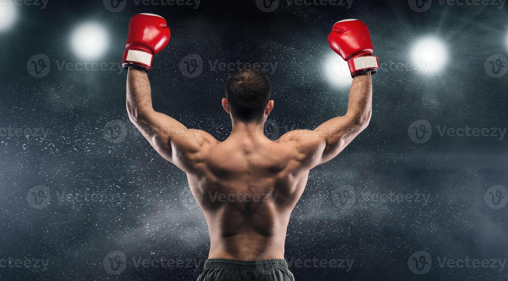 Boxer champion enjoying his victory on lights and standing back to the camera, black studio background photo