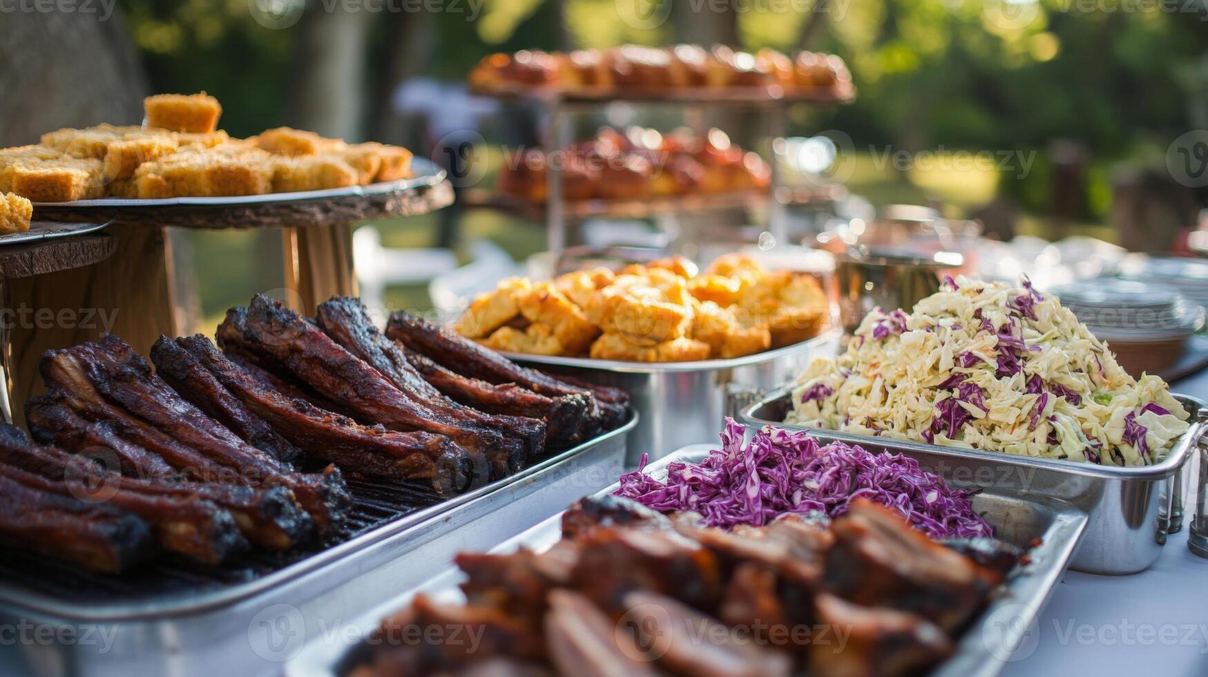 A variety of grilled meats, cornbread, and salads are displayed on a table during a summer barbecue gathering in a lush outdoor setting. photo