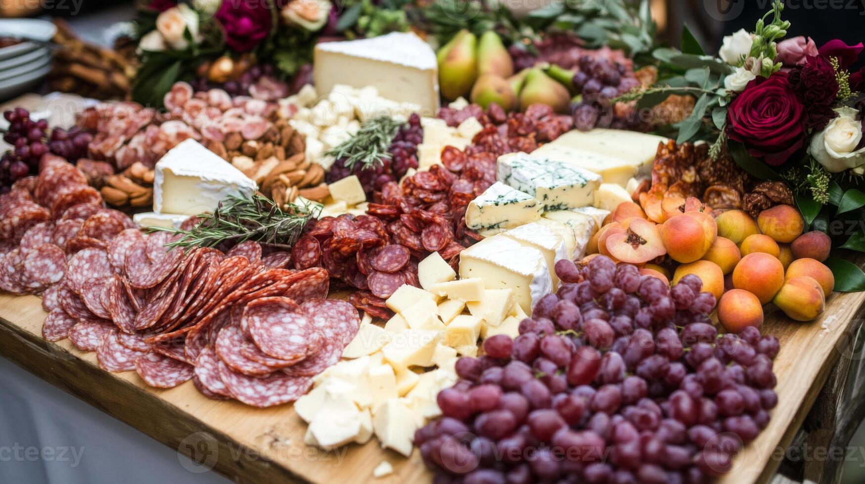 A beautiful array of cured meats, cheeses, and fresh fruits laid out on a wooden board at a festive gathering. photo
