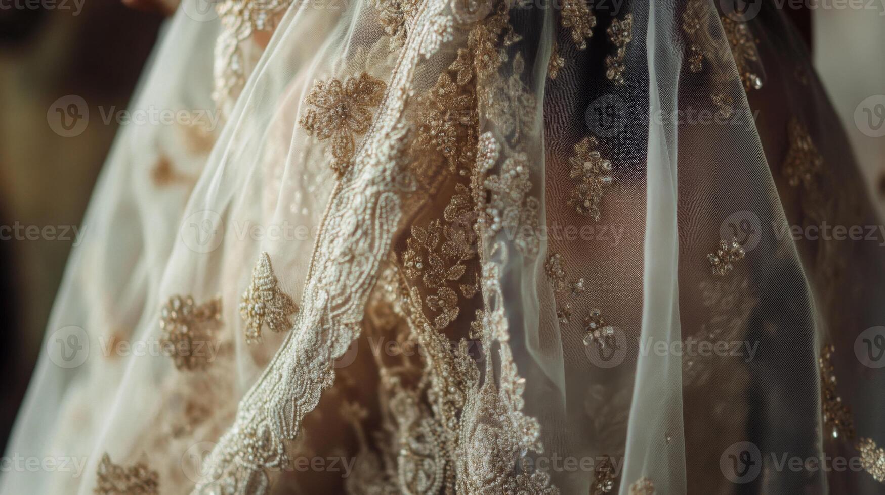 A close-up view of a wedding dress highlighting delicate lace and beading, with soft lighting enhancing the intricate details. photo