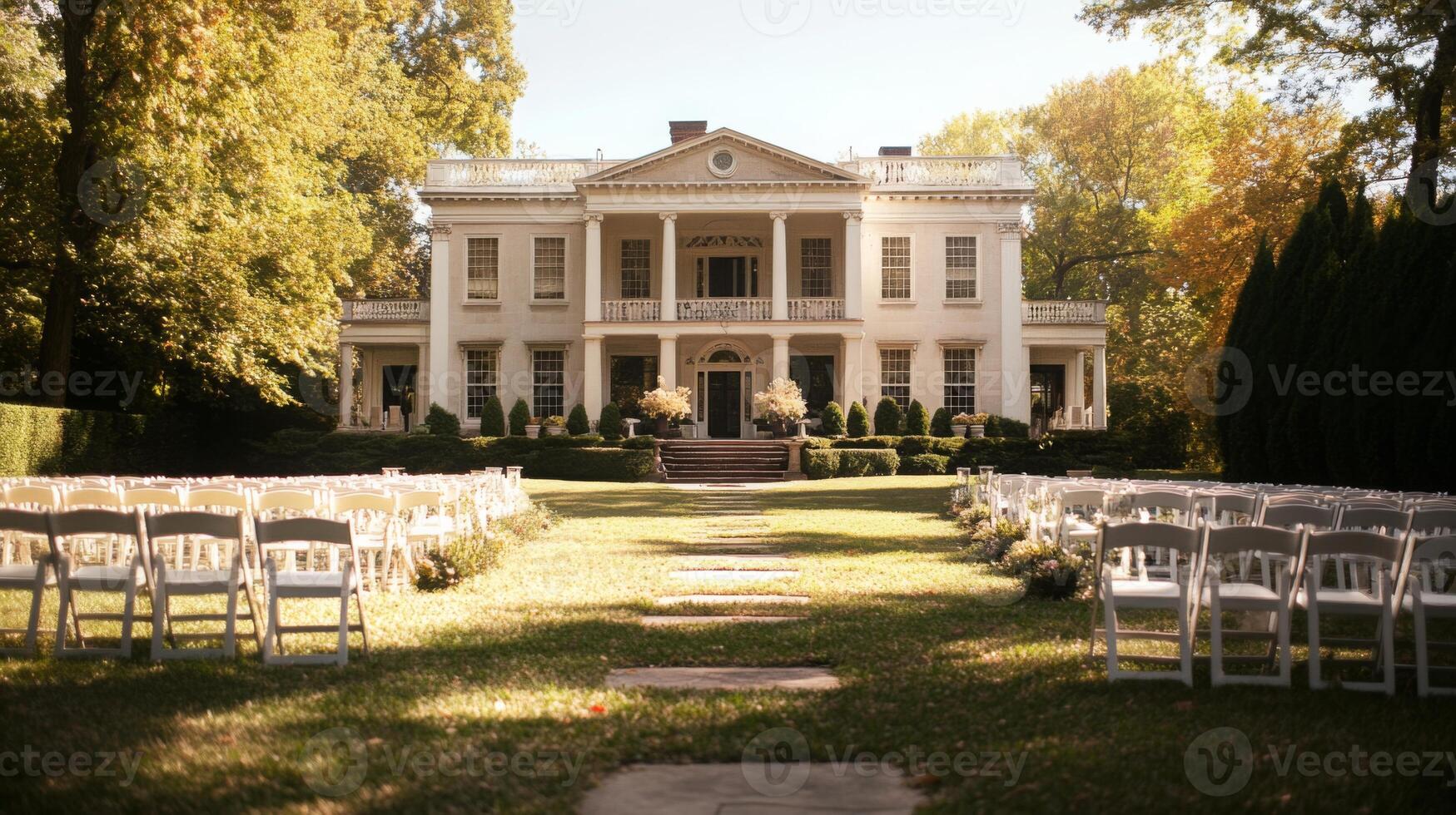 A beautiful outdoor wedding ceremony is set up in front of a historic mansion with white chairs arranged on a manicured lawn, framed by vibrant autumn foliage. photo