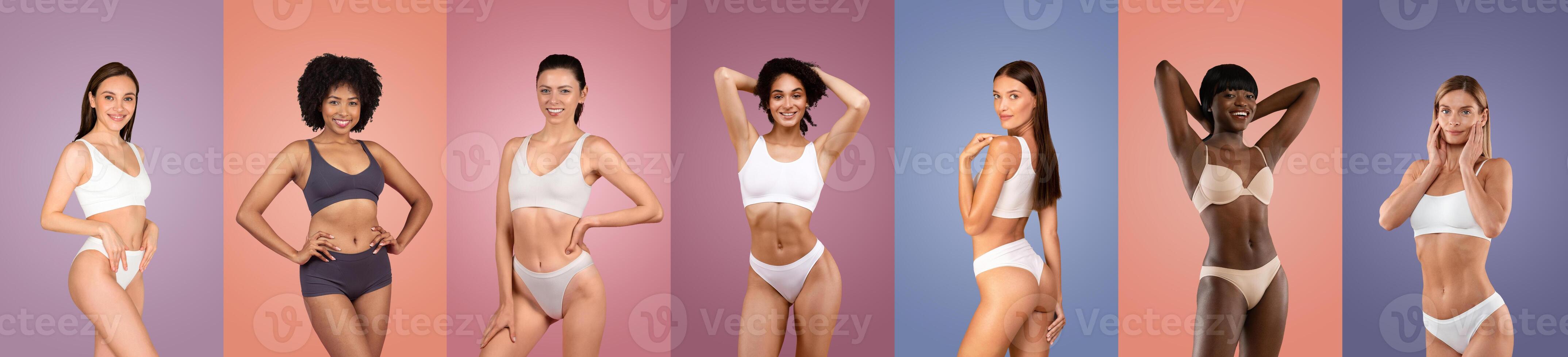 This image shows seven diverse women posing confidently in various underwear styles against a backdrop of colorful backgrounds. Each woman displays a different body type and skin tone photo