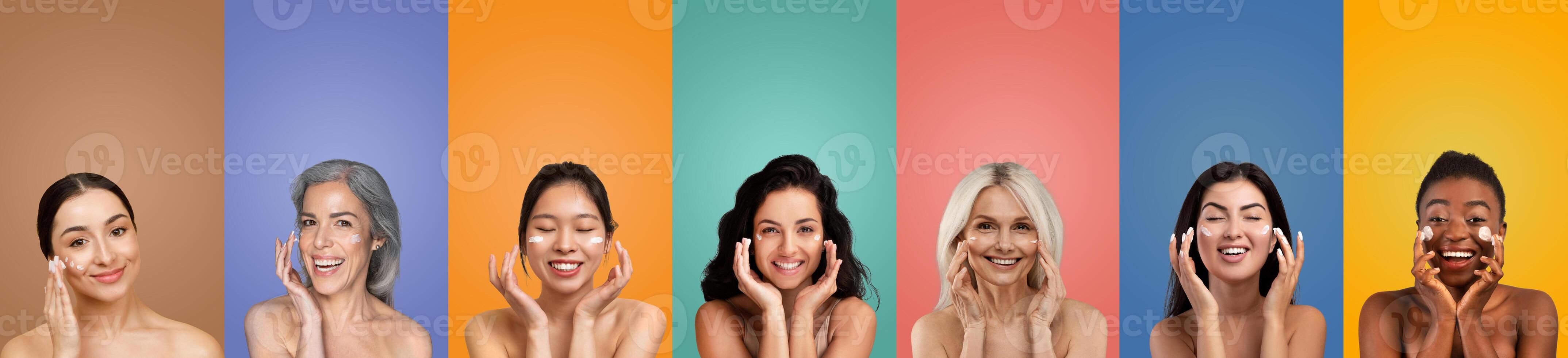 Seven diverse women are applying a face mask in front of vibrant, colorful backgrounds. Each woman is smiling and looking directly at the camera, showcasing their diverse skin tones photo