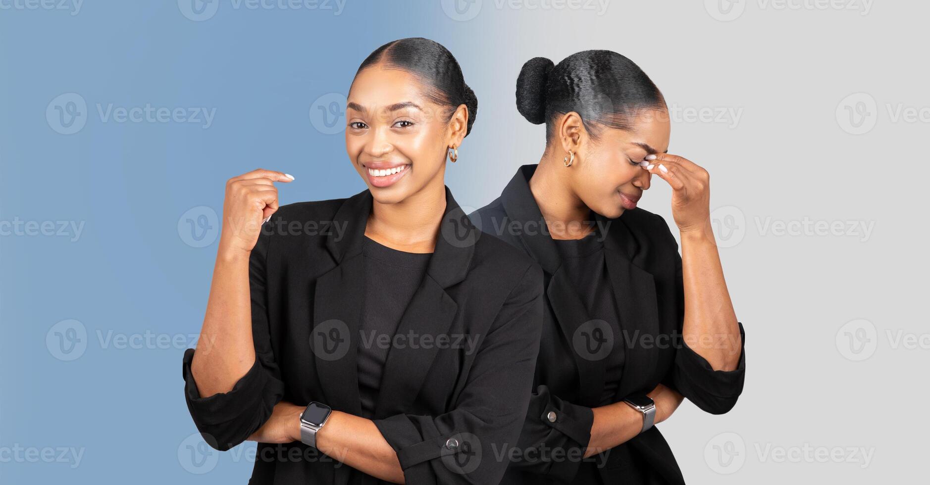 A professional Black woman is depicted showcasing contrasting emotions. On one side, she is smiling confidently, while on the other, she appears thoughtful and contemplative photo