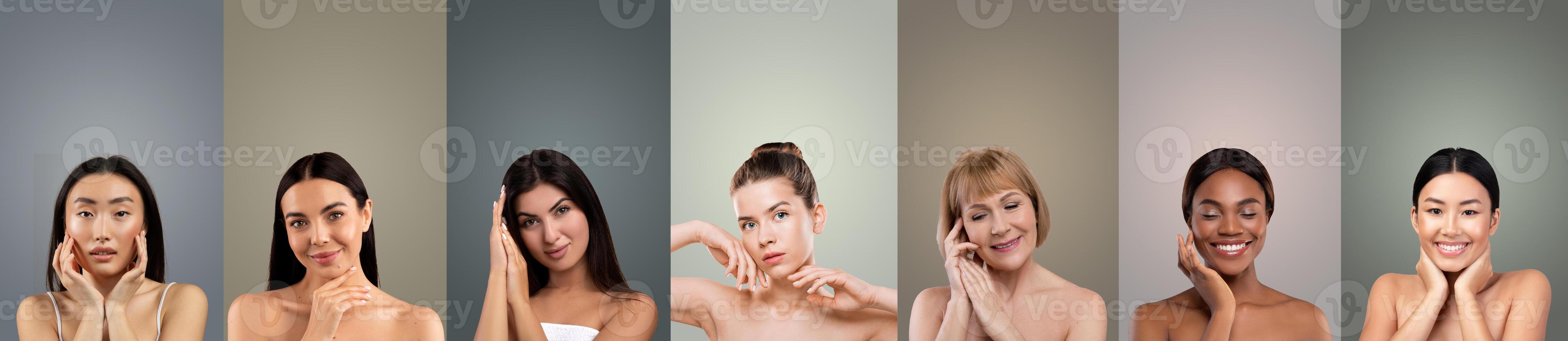 The image features eight diverse women posing for a portrait session against colored backgrounds. Each woman is bare-chested with their hair down and is touching their face with both hands photo