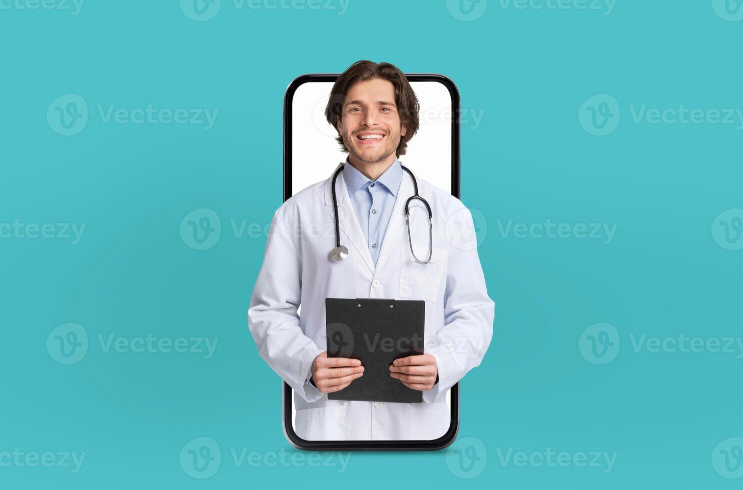 A young doctor delivers a virtual healthcare consultation, depicted within the blank screen of a smartphone, in a sleek medical environment. photo
