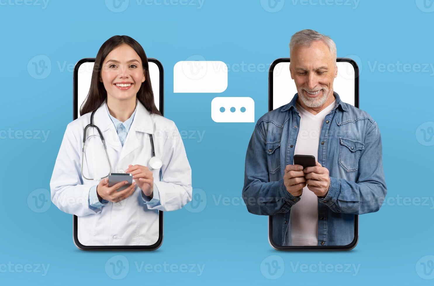 A woman doctor and an elderly man engage in an online medical consultation using their smartphones. Both are smiling, indicating a successful virtual interaction amidst a light blue background. photo