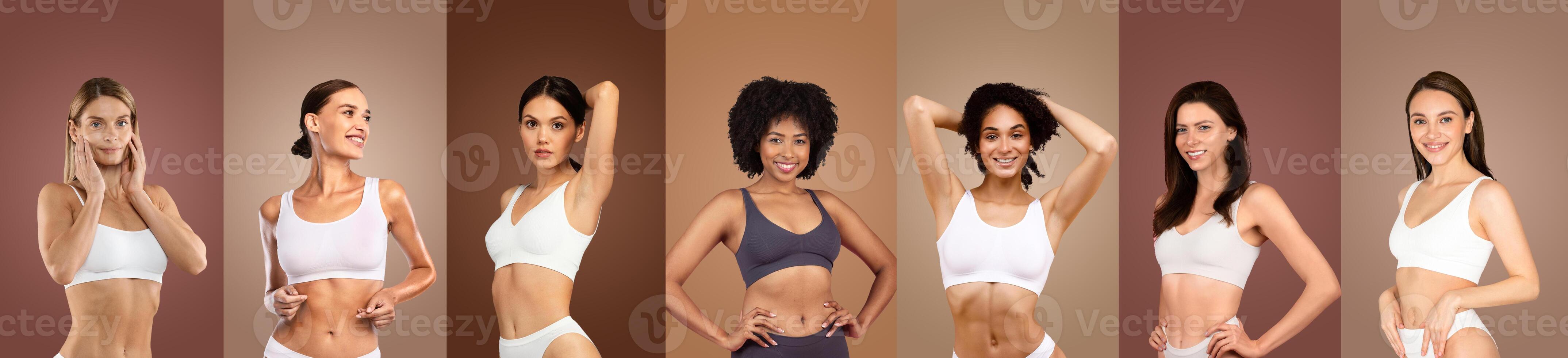 This image features seven women with different hair styles, skin tones, and poses, wearing sports bras in white and grey. They are all standing against a brown backdrop photo