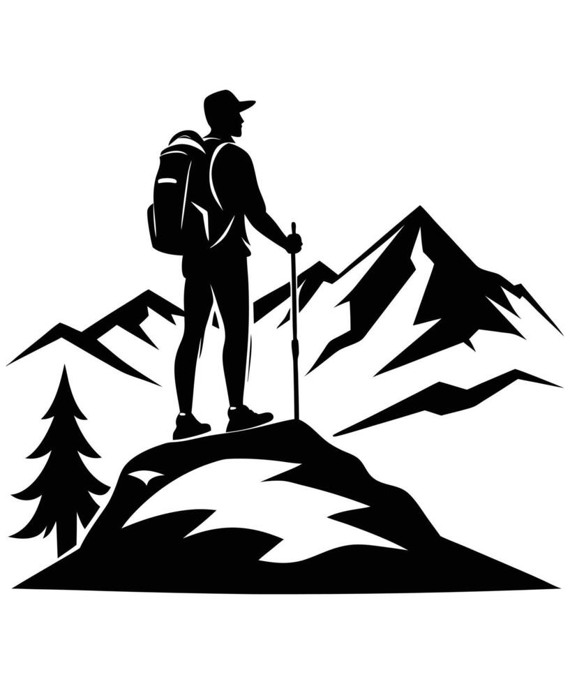 Mountain Journey, Hiker in Wilderness. vector