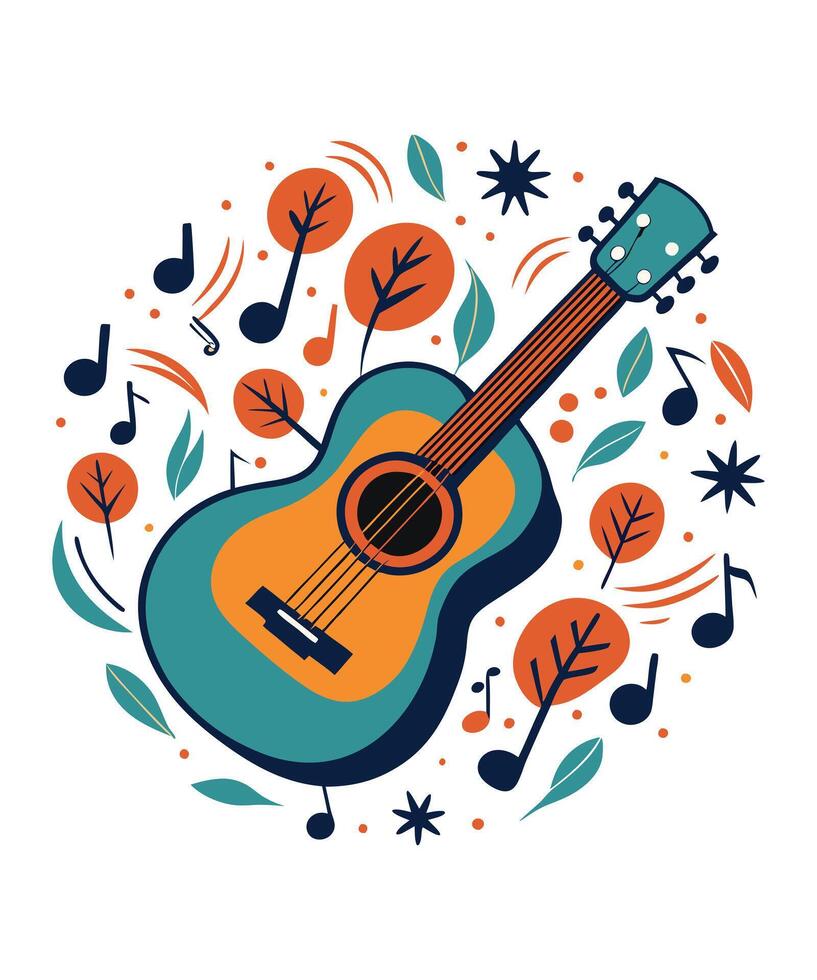 Stencil Guitar with Floating Notes. vector