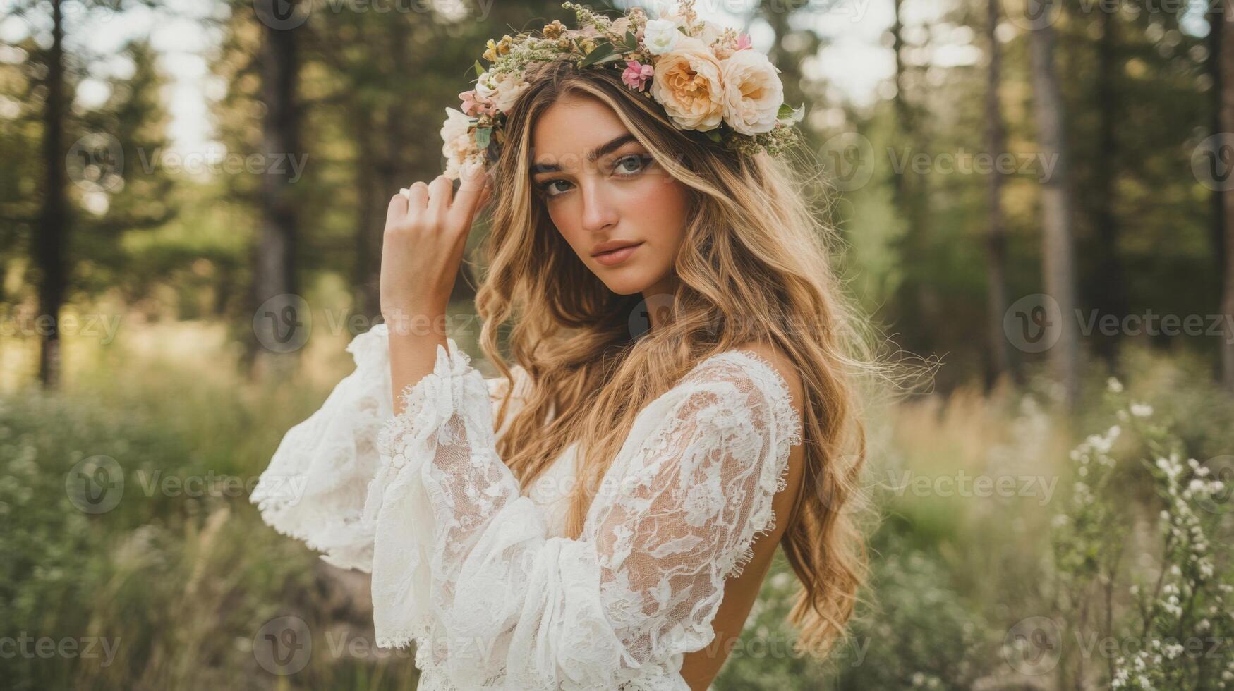 A bride adorned in a white lace dress and a floral crown stands gracefully in a sunlit forest, capturing the beauty of nature. photo