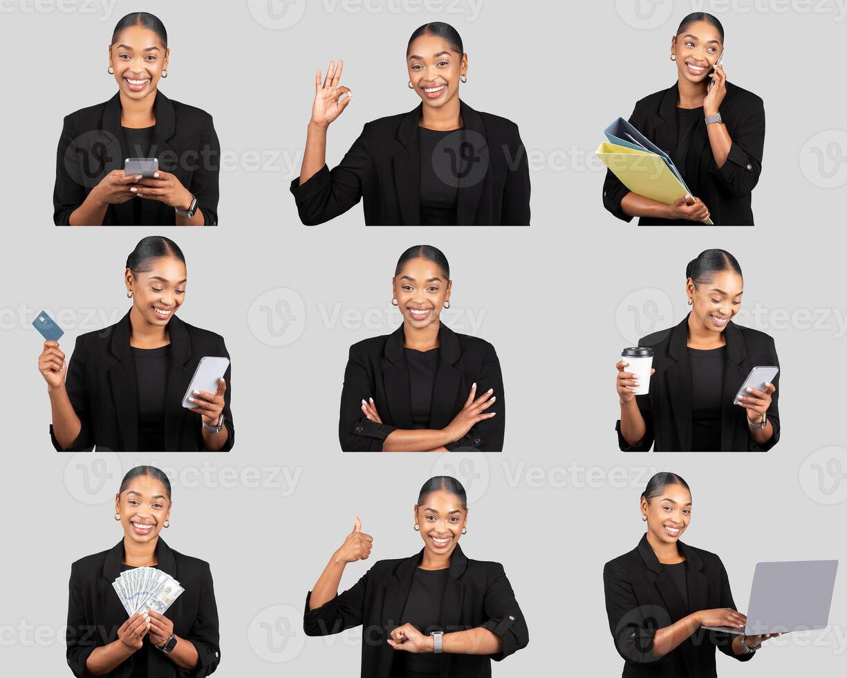 A confident black woman is portrayed engaging in multiple professional tasks, including making a phone call, reviewing documents, and using a laptop. She exudes a sense of professionalism photo