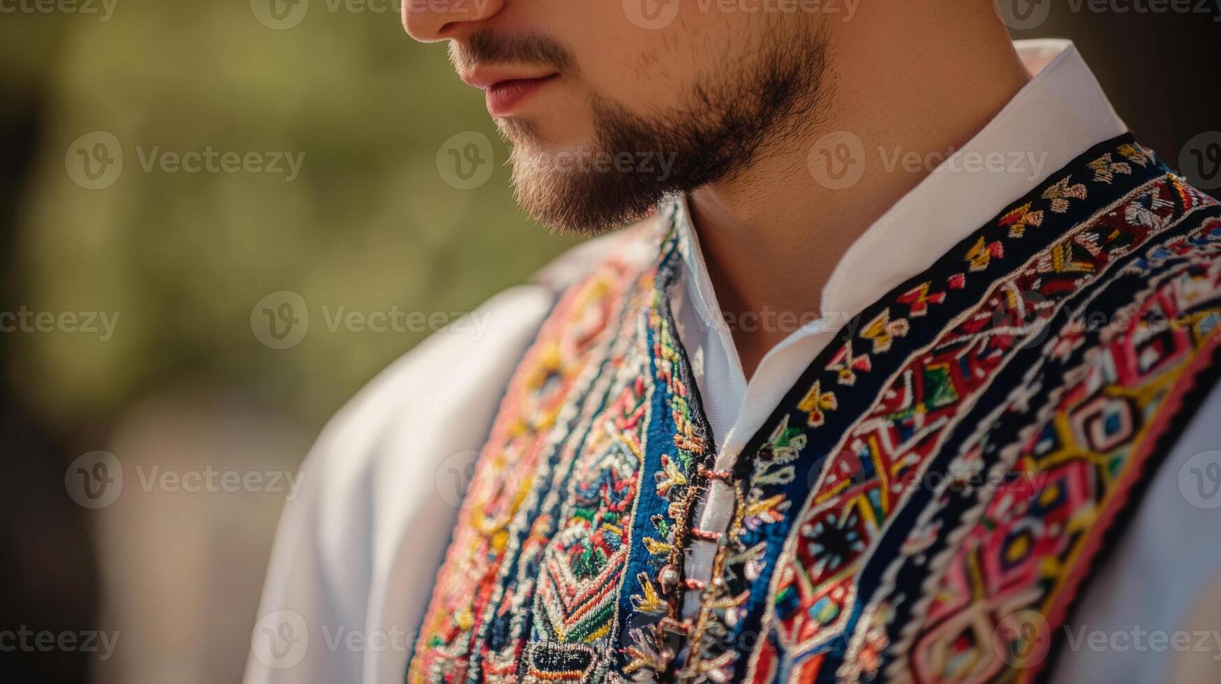 A young man stands outdoors, adorned in a colorful, traditional embroidered vest that showcases intricate designs, engaged in contemplation amidst a natural setting. photo