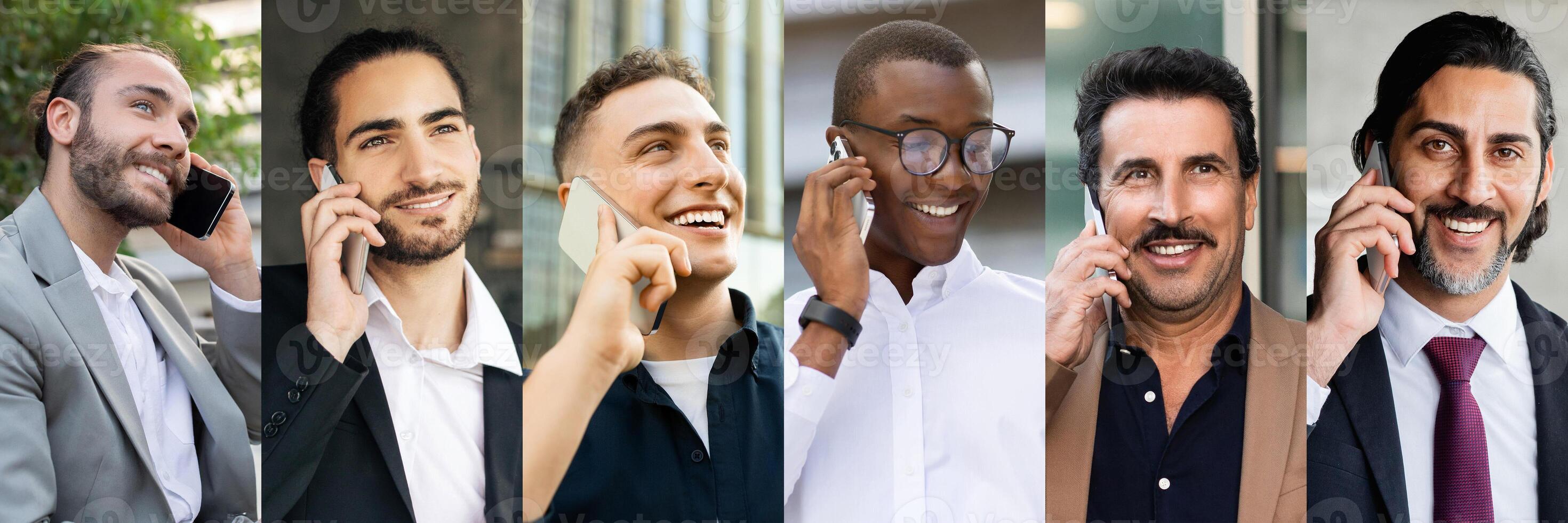 A diverse group of men, each engaged in animated phone conversations, smiles as they connect with others. The setting is a contemporary urban environment featuring buildings and greenery photo
