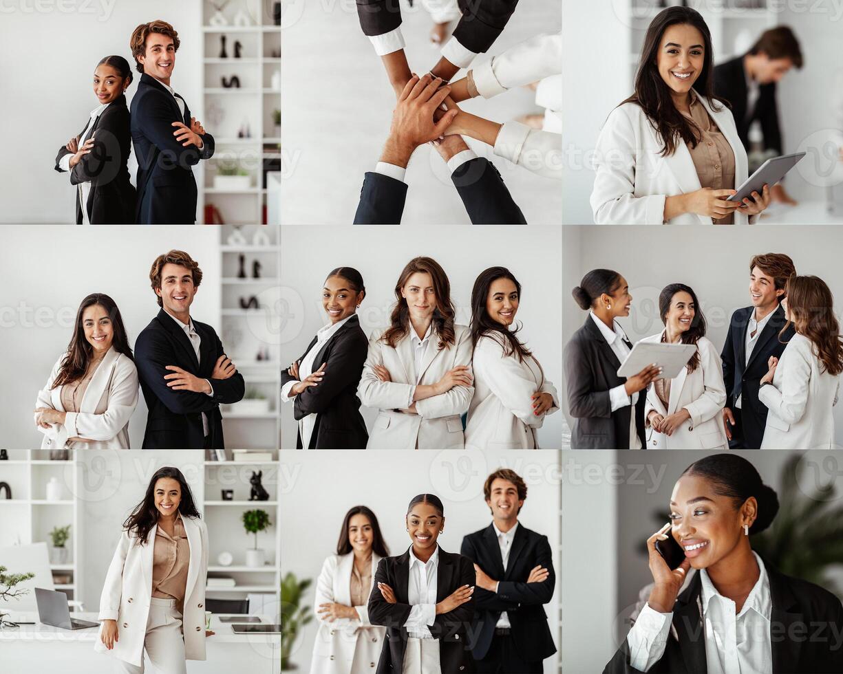 A diverse group of professionals engages in collaborative activities within a contemporary office environment. Team members demonstrate strong camaraderie through handshakes, discussions photo
