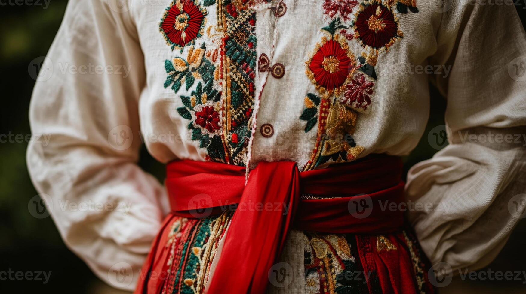 A person wears a beautifully embroidered folk costume featuring vibrant floral patterns and a red sash, enjoying a serene outdoor environment. photo
