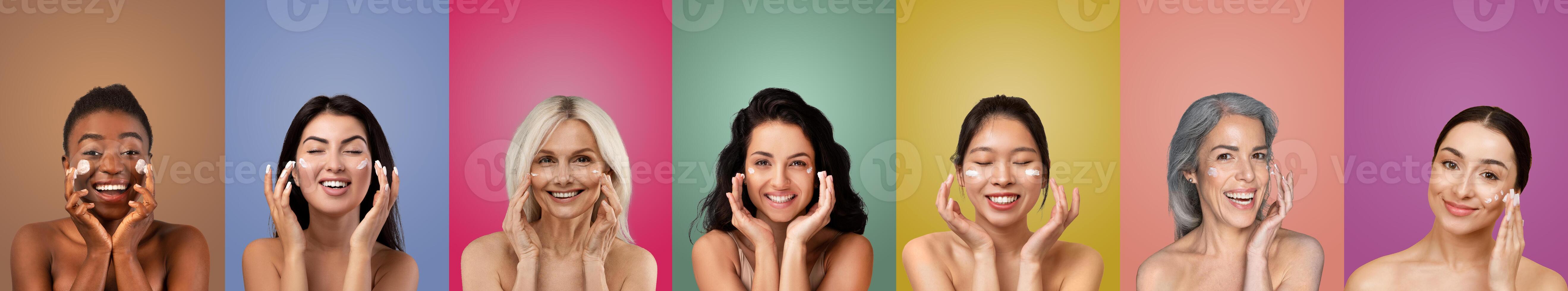 Seven multiethnic women of diverse ages stand in front of colorful backgrounds. Each woman smiles while applying facial cleanser to their faces. The women appear to be happy and confident photo